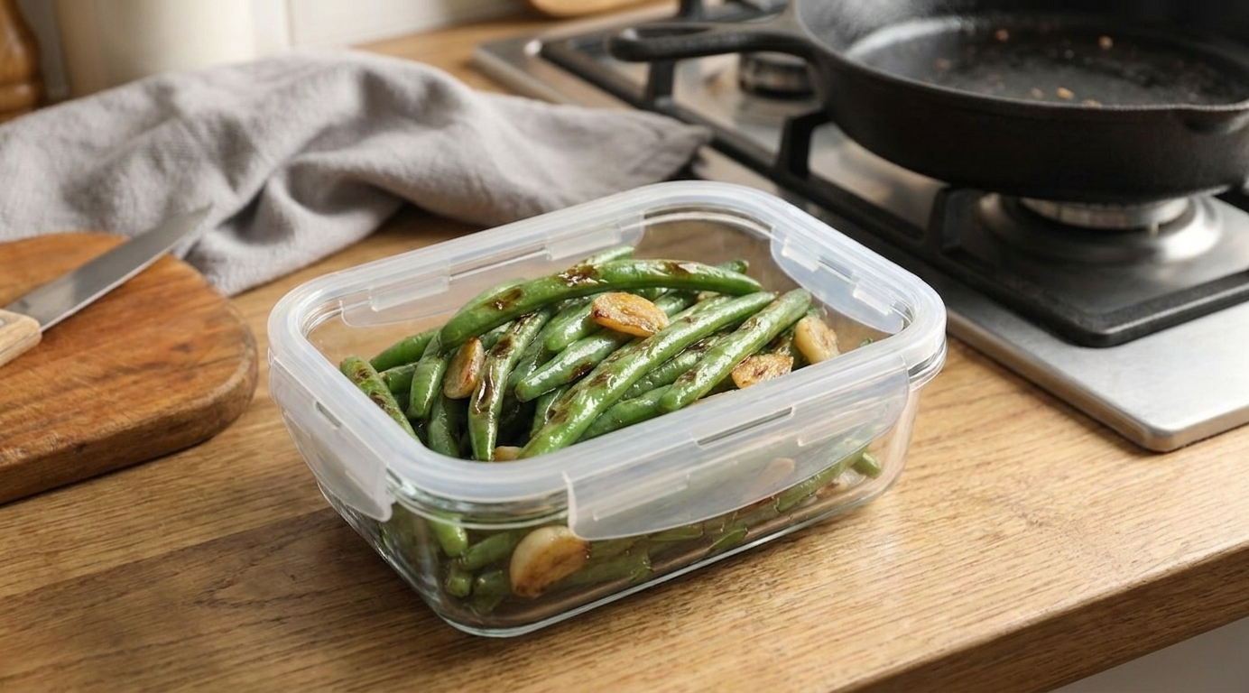 Leftover garlic green beans in a clear glass meal prep container with a snapped-on lid on a kitchen counter