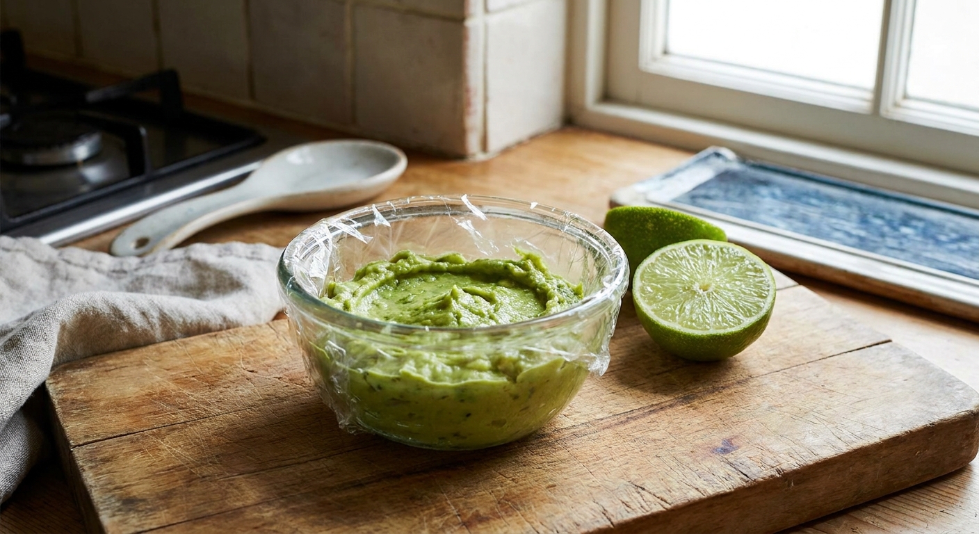 Leftover guacamole in a small glass container with plastic wrap pressed directly on the surface, sitting on a kitchen counter beside a lime