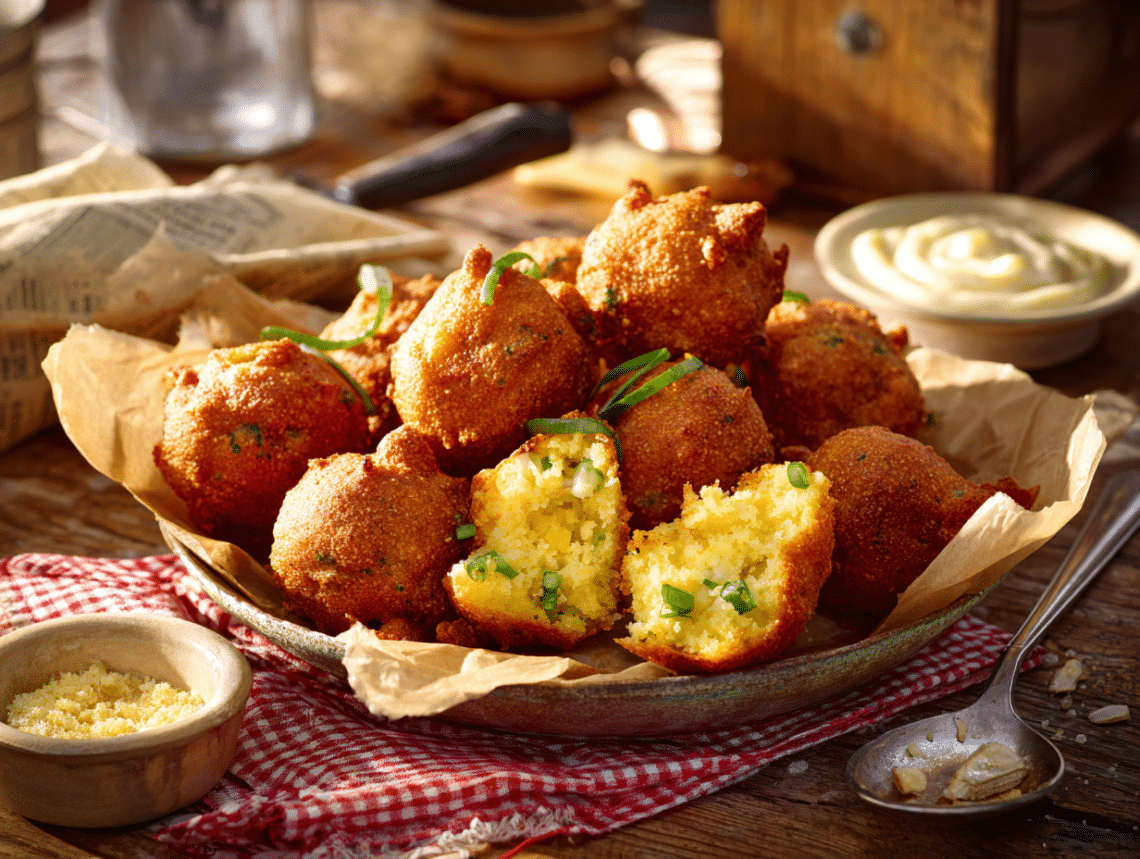 Leftover hush puppies spread on a parchment-lined baking sheet on a kitchen counter, ready to go into the oven
