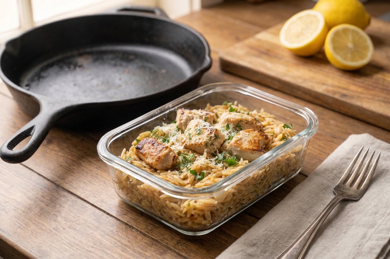 Leftover lemon garlic chicken and orzo portioned into a clear glass meal prep container on a kitchen counter