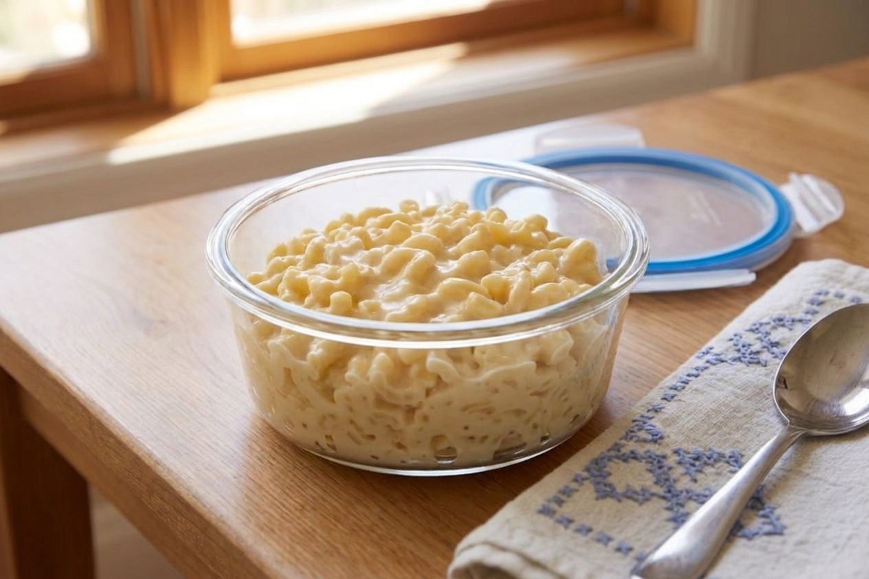 Leftover mac and cheese in a clear airtight container on a kitchen counter with the lid set beside it
