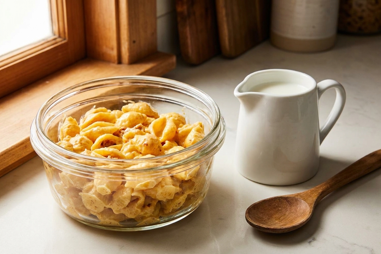 Leftover mac and cheese in a clear airtight container on a kitchen counter next to a small pitcher of milk, ready for reheating