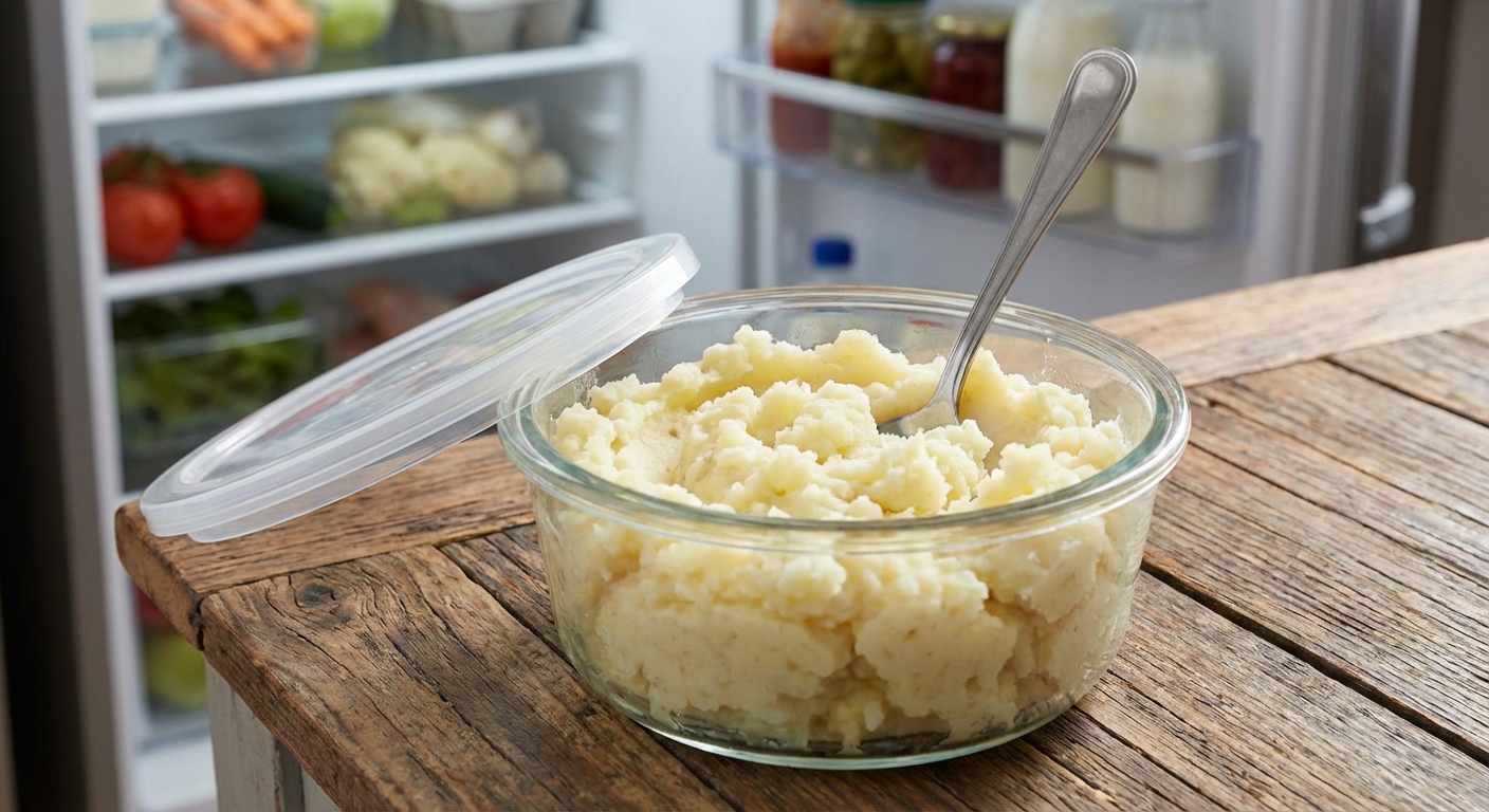 Leftover mashed potatoes in a glass container with a spoon, ready to be stored in the refrigerator