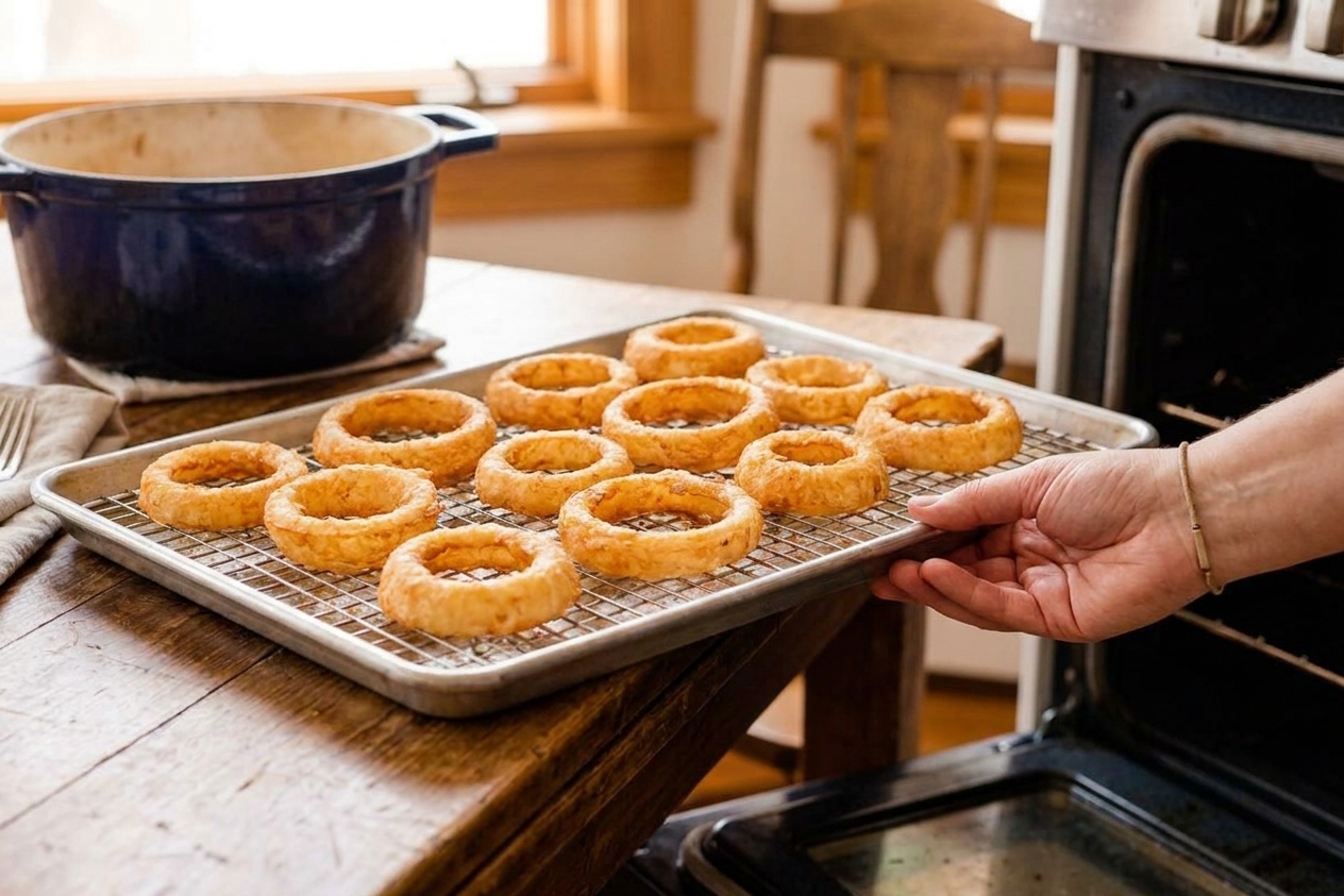 Leftover onion rings arranged in a single layer on a wire rack set over a sheet pan, ready to reheat in an oven