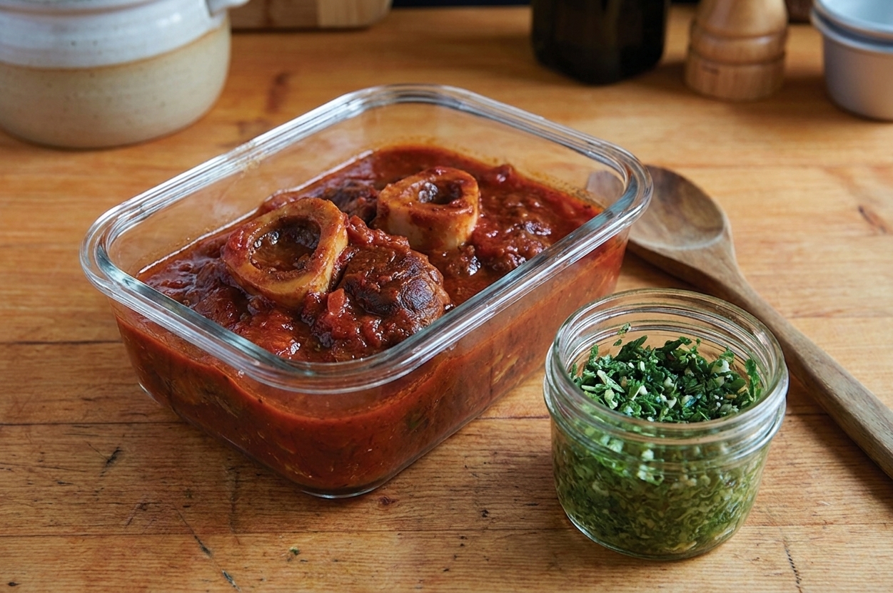Leftover osso buco and sauce in a clear airtight container on a kitchen counter with a small jar of gremolata nearby
