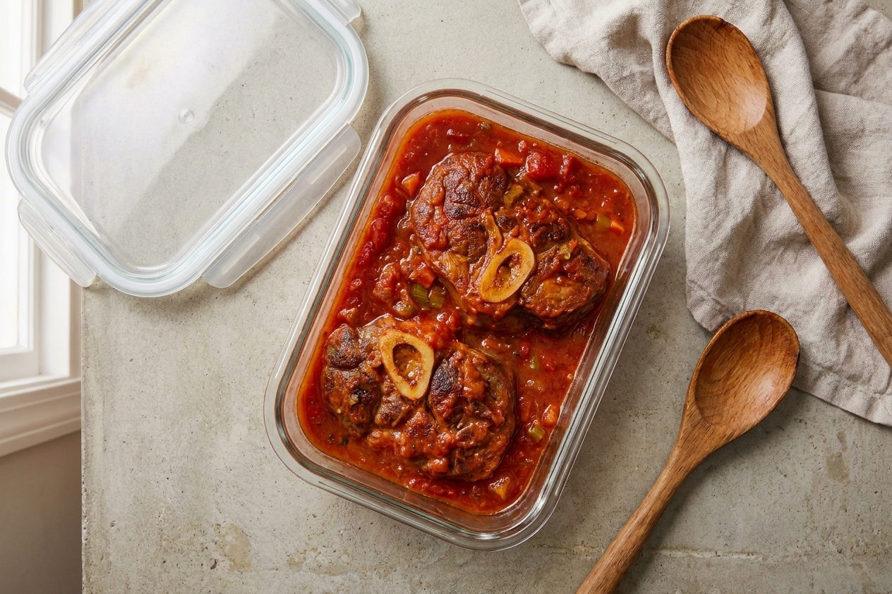 Leftover osso buco in a glass storage container with sauce covering the shanks, placed on a kitchen counter next to a lid