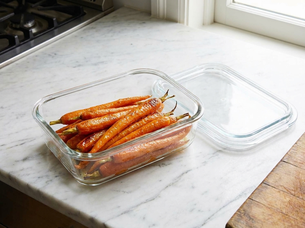 Leftover oven roasted carrots stored in a clear glass meal prep container on a kitchen counter with a lid beside it