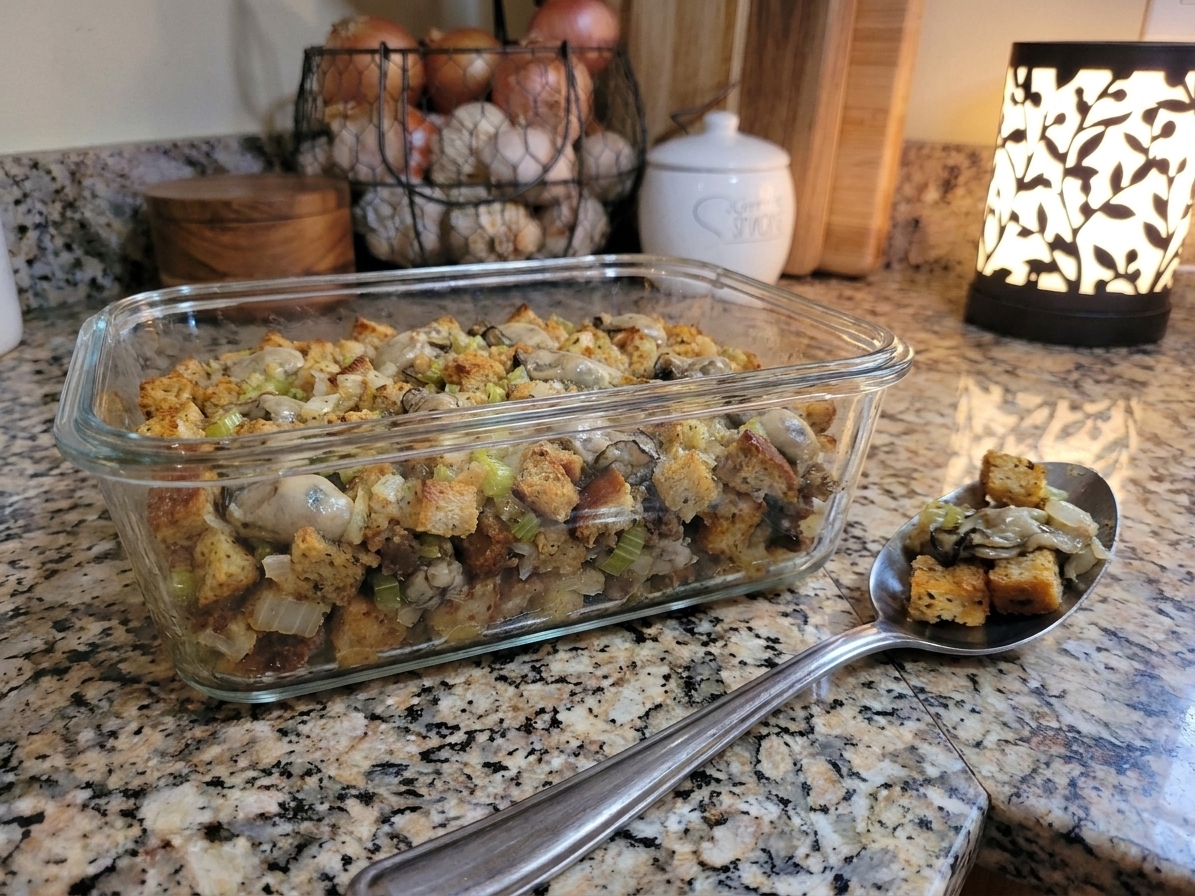 Leftover oyster dressing stored in a clear airtight container on a kitchen counter with a serving spoon nearby