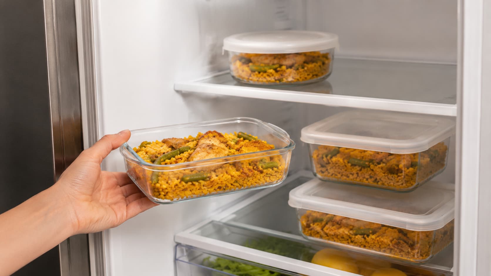 Leftover paella valenciana in a glass meal prep container with a lid on a kitchen counter beside a spoon