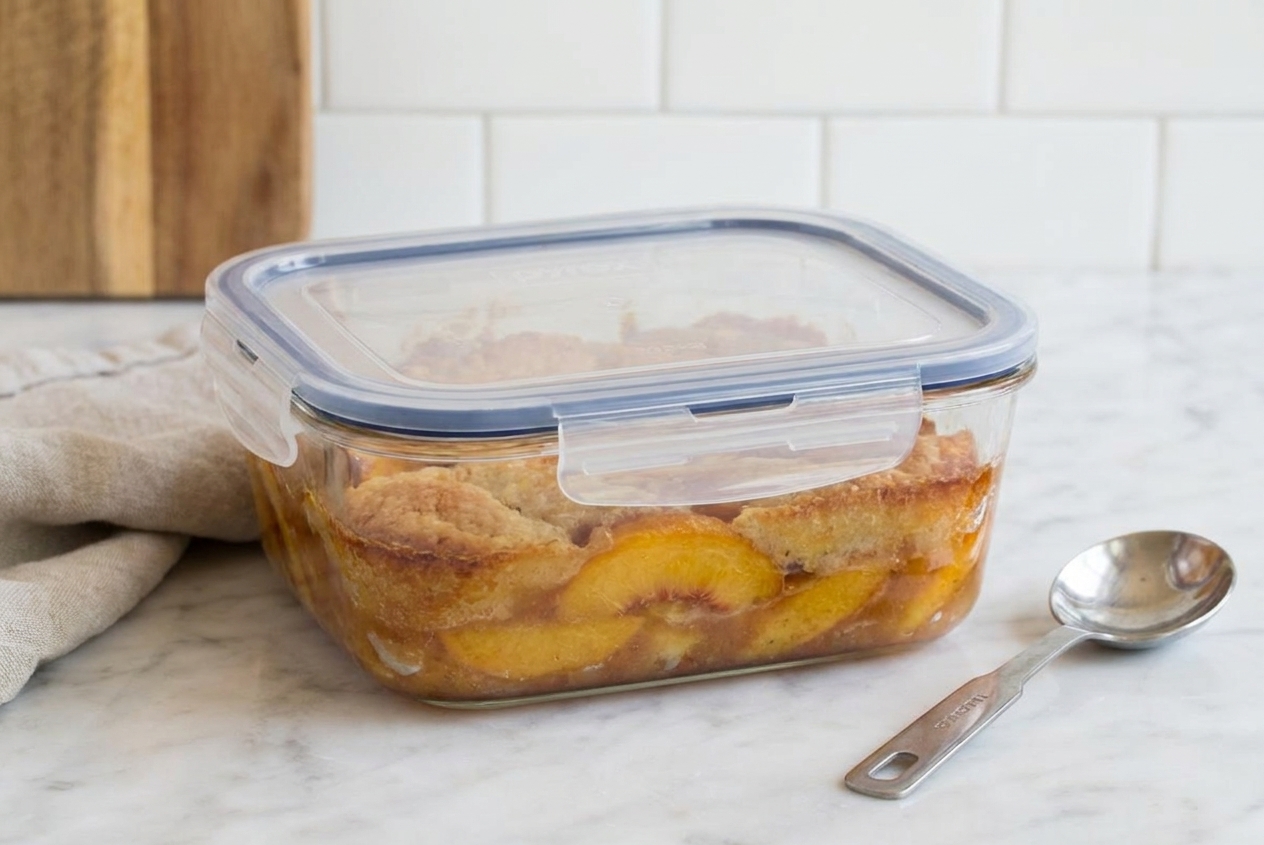 Leftover peach cobbler in a glass storage container with a tight lid on a kitchen counter, a spoon resting nearby