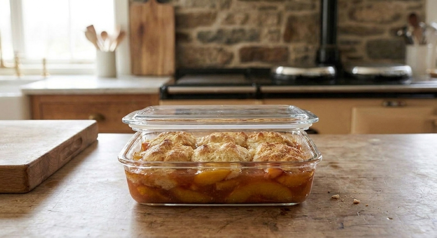 Leftover peach cobbler stored in a clear airtight container with a golden biscuit topping on a kitchen counter