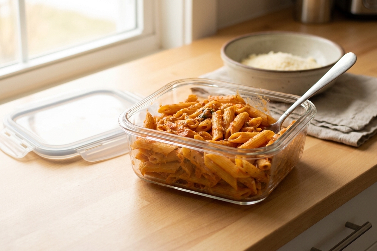 Leftover penne pasta in a clear airtight container on a kitchen counter with a lid beside it