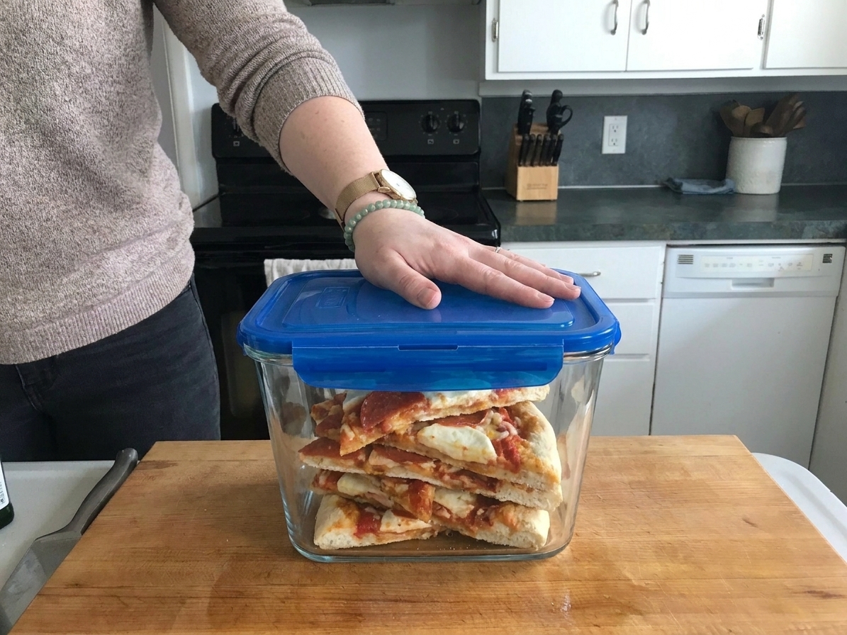 Leftover pizza slices stacked in a glass storage container with a tight lid on a kitchen counter