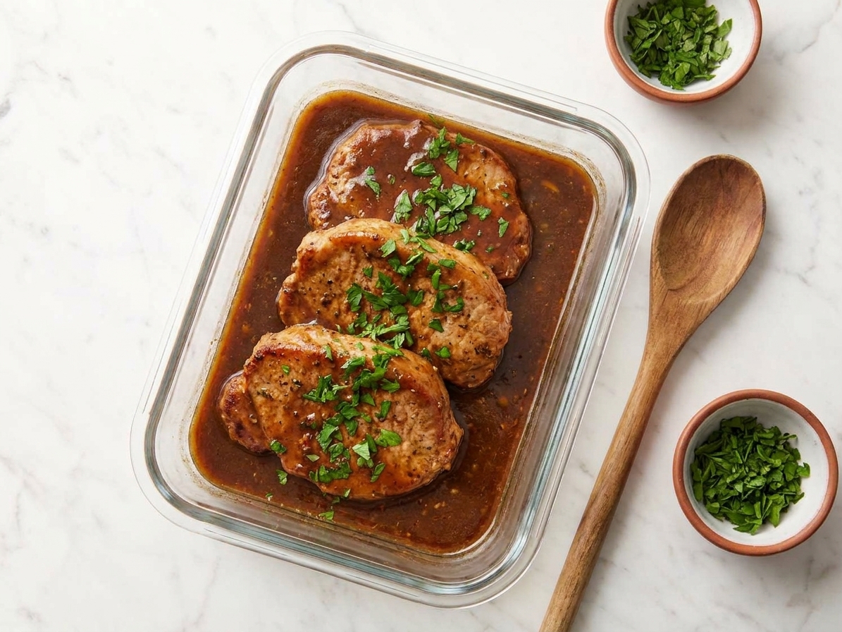 Leftover pork loin chops stored in a glass container covered in gravy with a small sprinkle of parsley