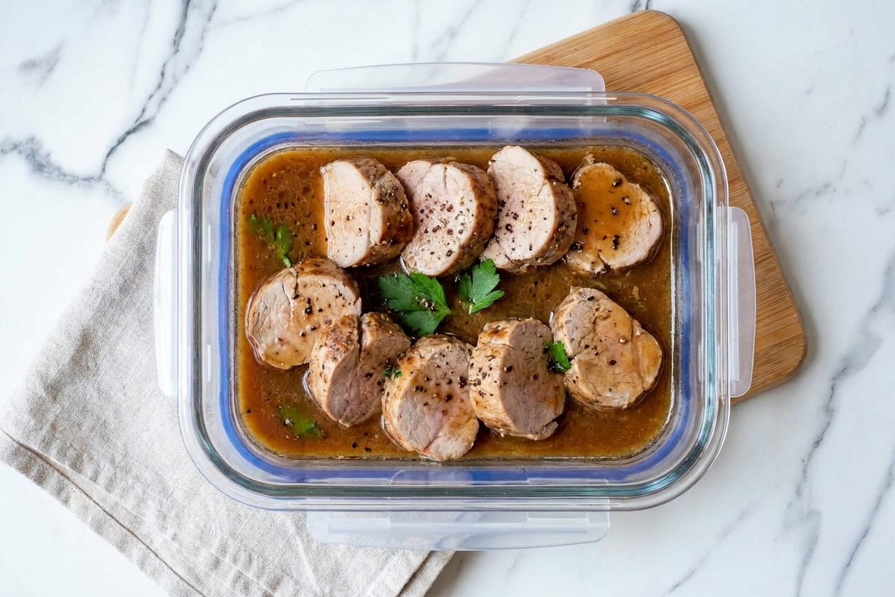 Leftover pork tenderloin medallions with pan sauce stored in a clear airtight container on a kitchen counter