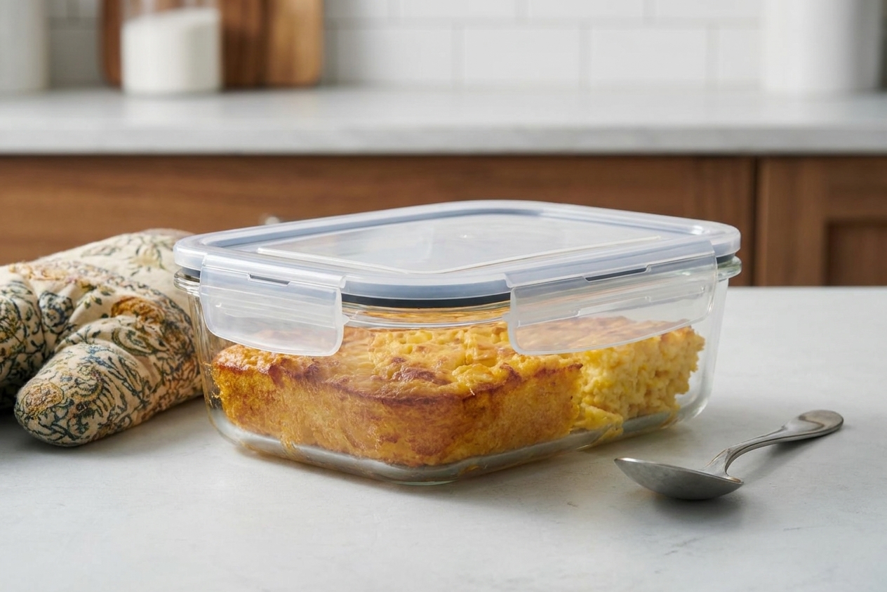 Leftover portions of corn soufflé casserole stored in a glass meal prep container with a snug lid on a kitchen counter