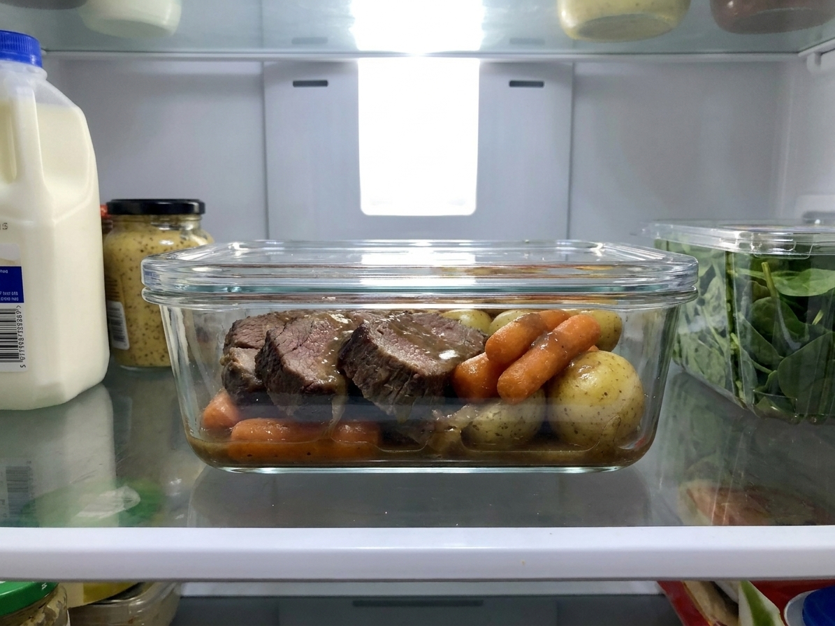 Leftover pot roast with carrots, potatoes, and gravy stored in a glass container on a refrigerator shelf