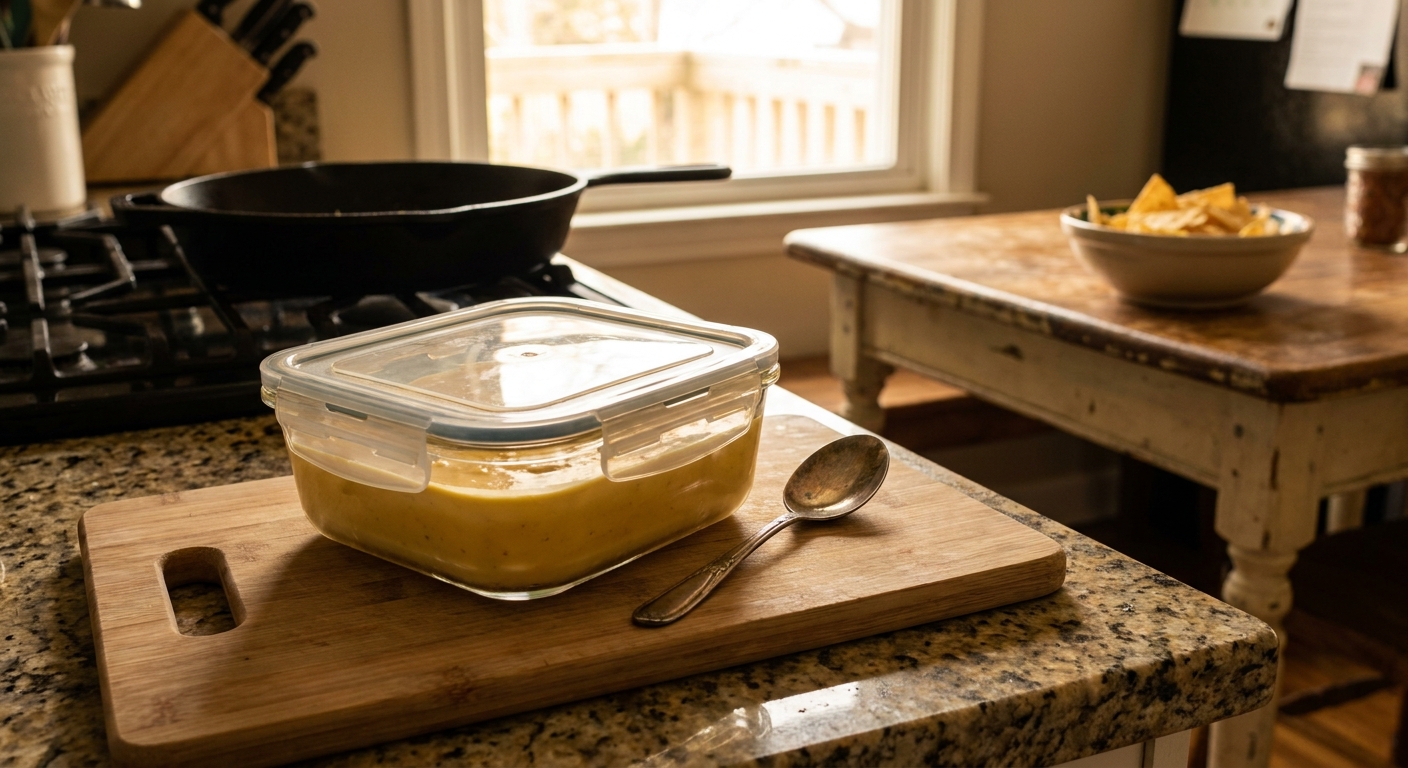 Leftover queso dipping sauce in a clear glass container with a lid on a kitchen counter next to a small spoon
