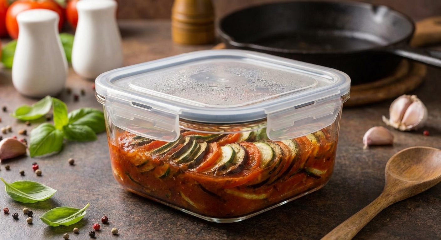 Leftover ratatouille stored in a clear airtight glass container on a kitchen counter, showing layered vegetables and sauce