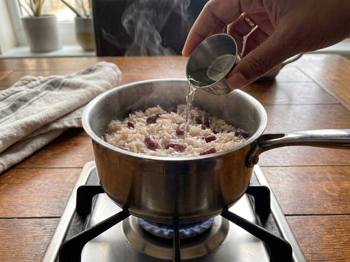 Leftover rice and peas being gently reheated in a small saucepan with a splash of liquid on a stovetop