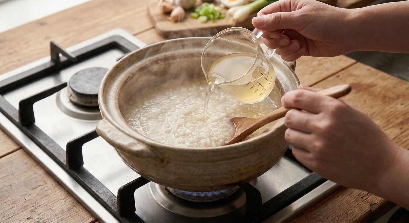 Leftover rice porridge being reheated in a saucepan on the stove while a small splash of broth is stirred in to loosen it