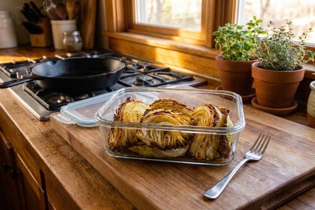 Leftover roasted cabbage wedges stored in a clear airtight container on a kitchen counter with a fork nearby