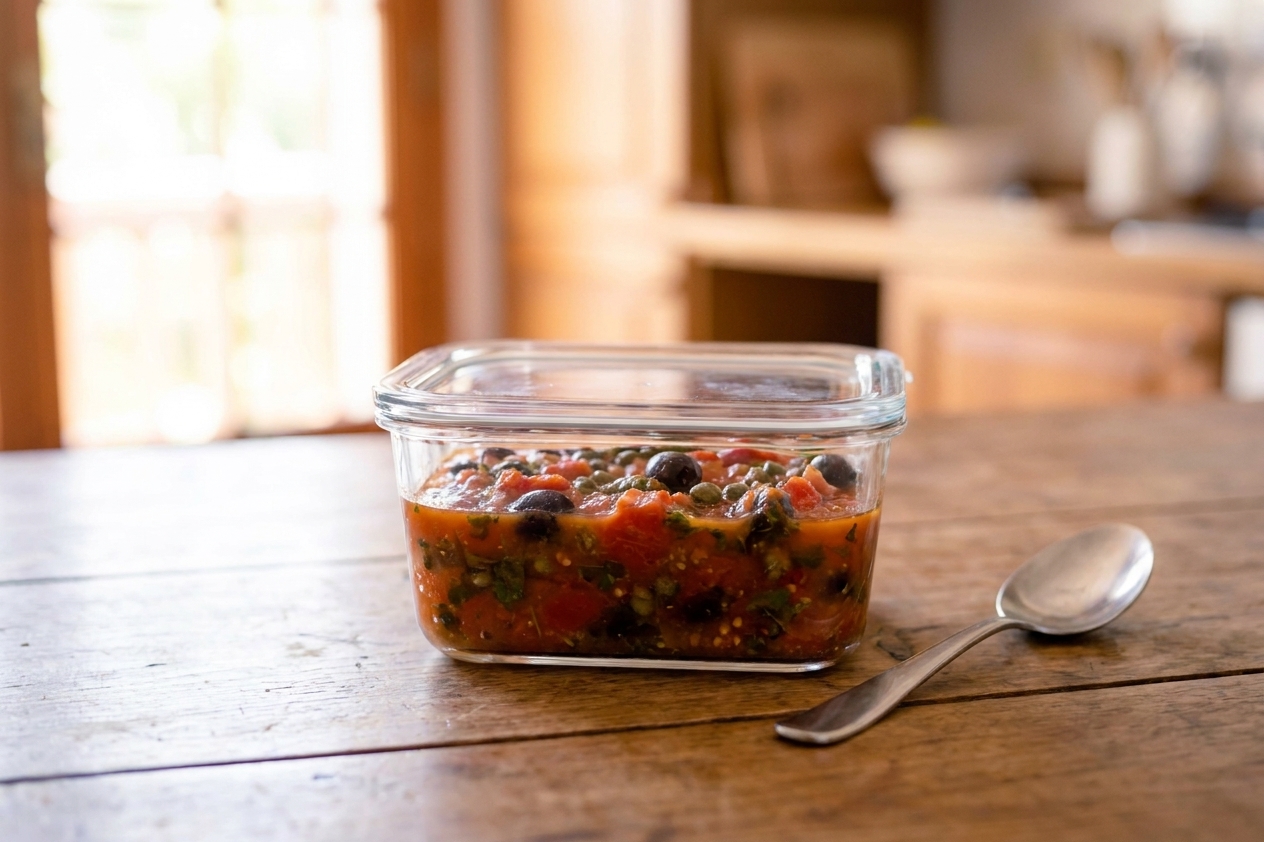 Leftover salsa puttanesca in a clear glass storage container with a lid on a kitchen counter, with a spoon nearby