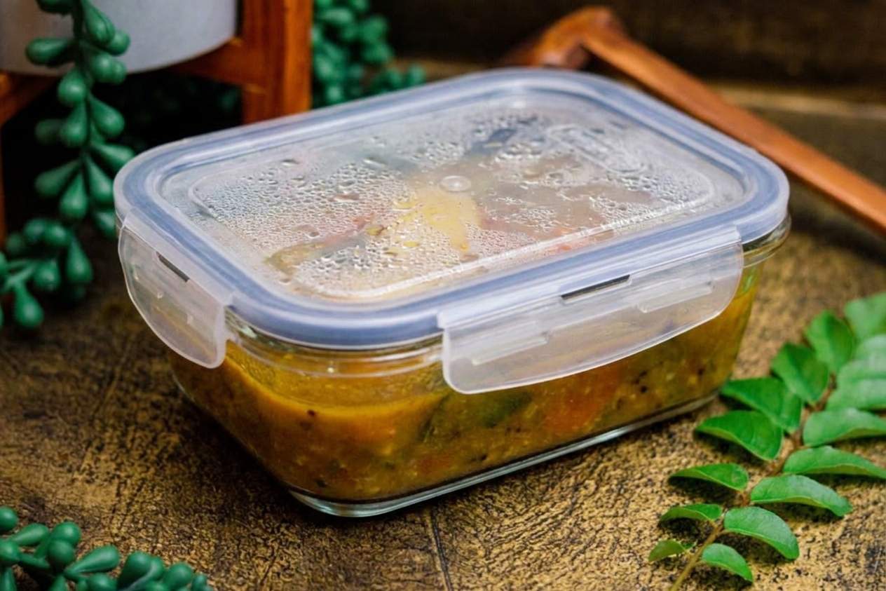 Leftover sambar in a clear glass storage container with a lid on a kitchen counter, ready for the refrigerator