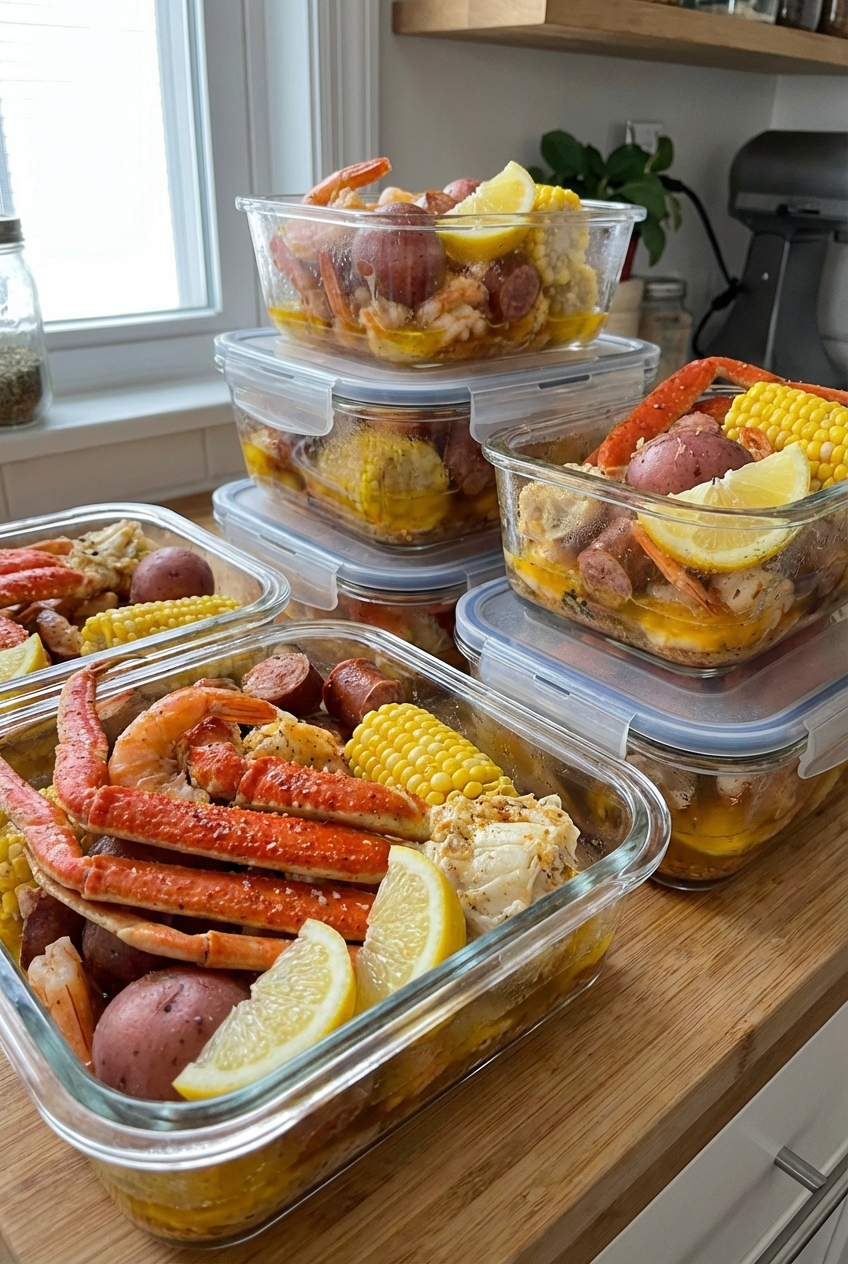 Leftover seafood boil components stored in clear airtight containers with lemon wedges