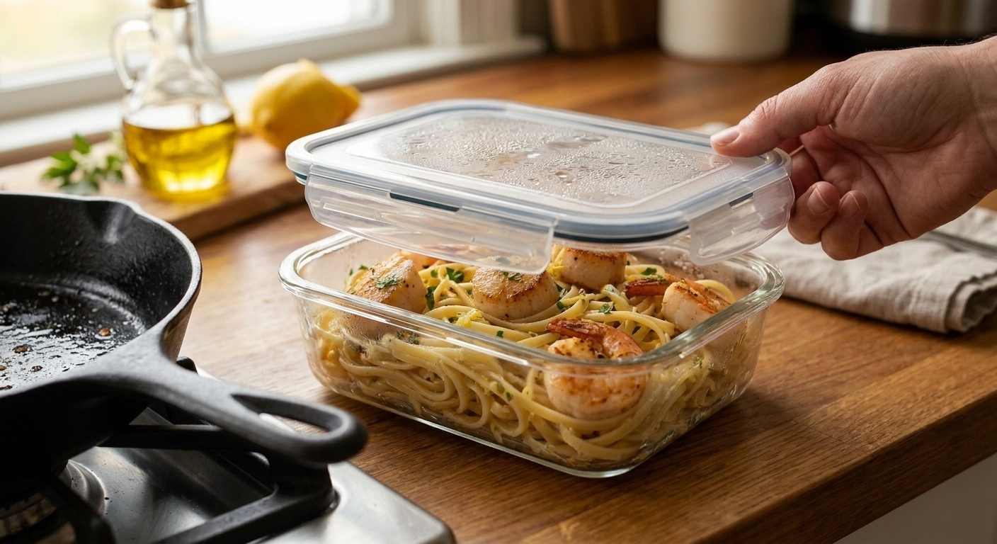 Leftover seafood pasta in a clear airtight container on a kitchen counter, ready to be stored