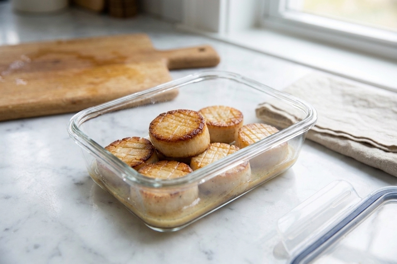 Leftover seared king oyster mushroom scallops in a glass food storage container with a little sauce pooled at the bottom on a clean kitchen counter