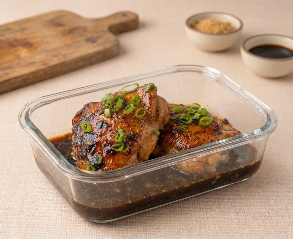 Leftover shoyu chicken thighs in a glass meal prep container with extra sauce pooled at the bottom on a kitchen counter