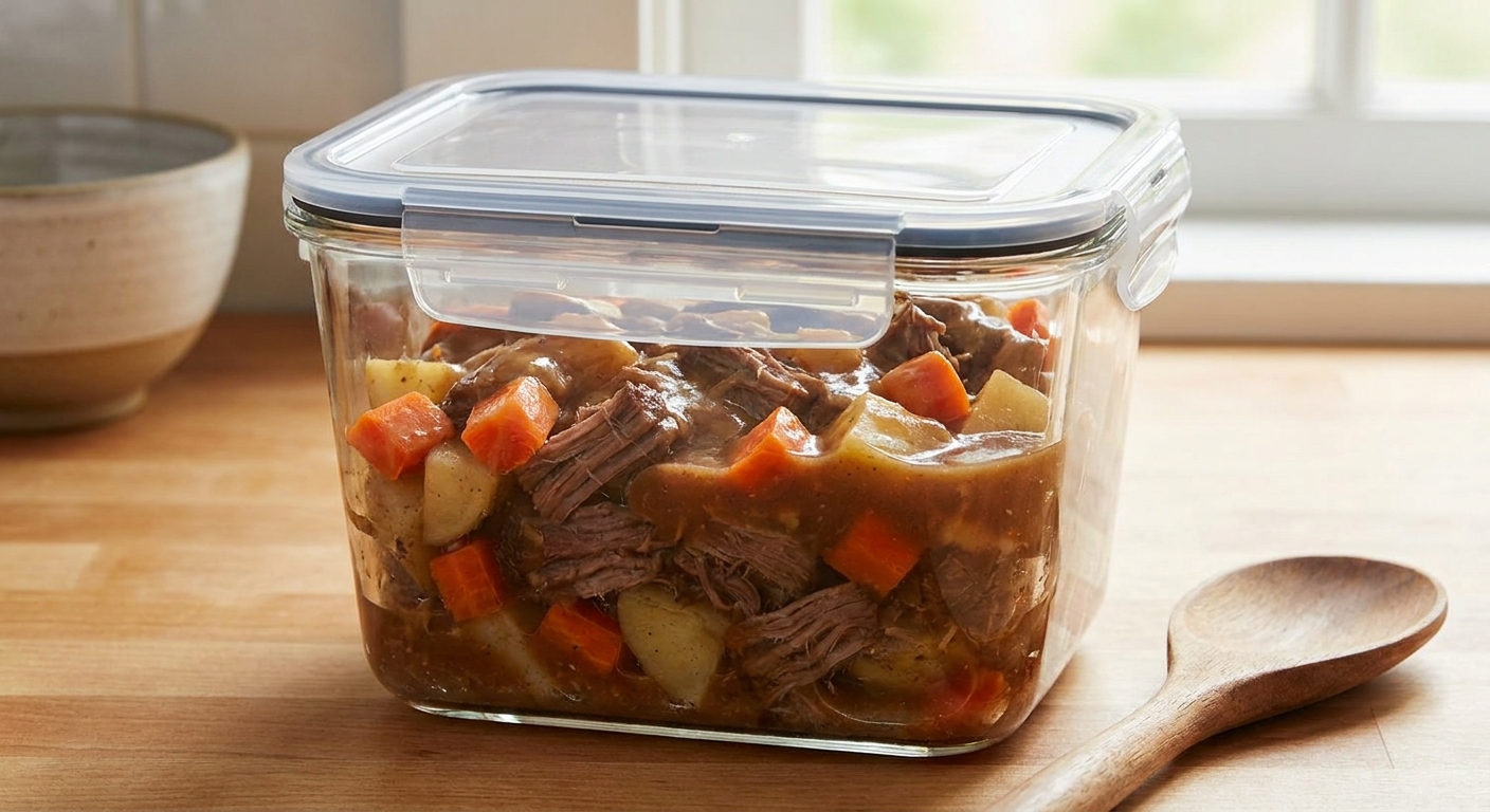 Leftover shredded chuck roast with carrots and potatoes stored in an airtight container with gravy