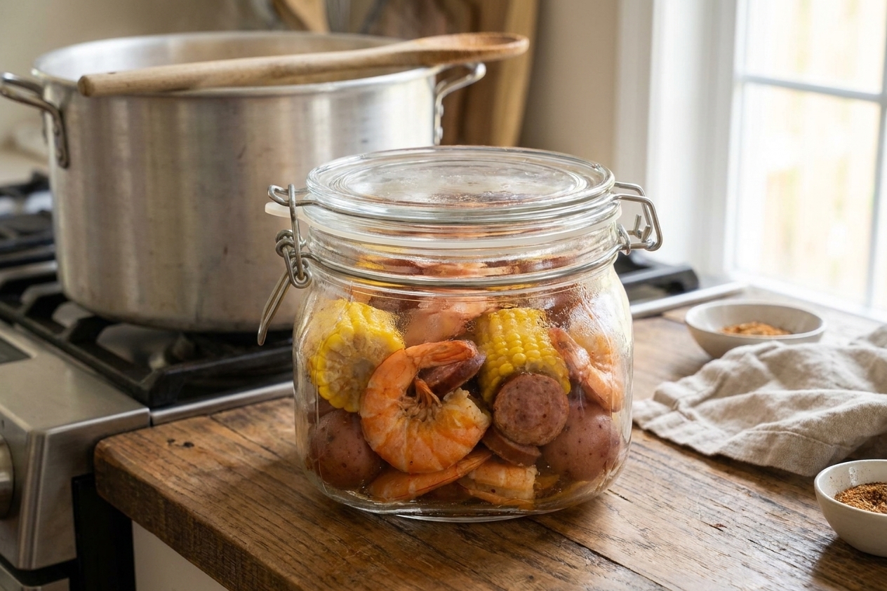 Leftover shrimp, sausage, corn, and potatoes packed in a clear airtight container on a kitchen counter