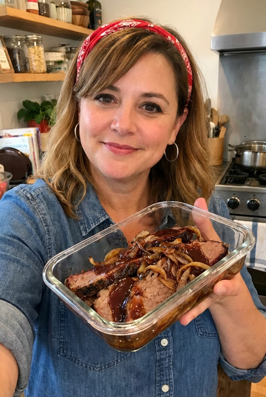 Leftover sliced brisket stored in a glass container with sauce and onions
