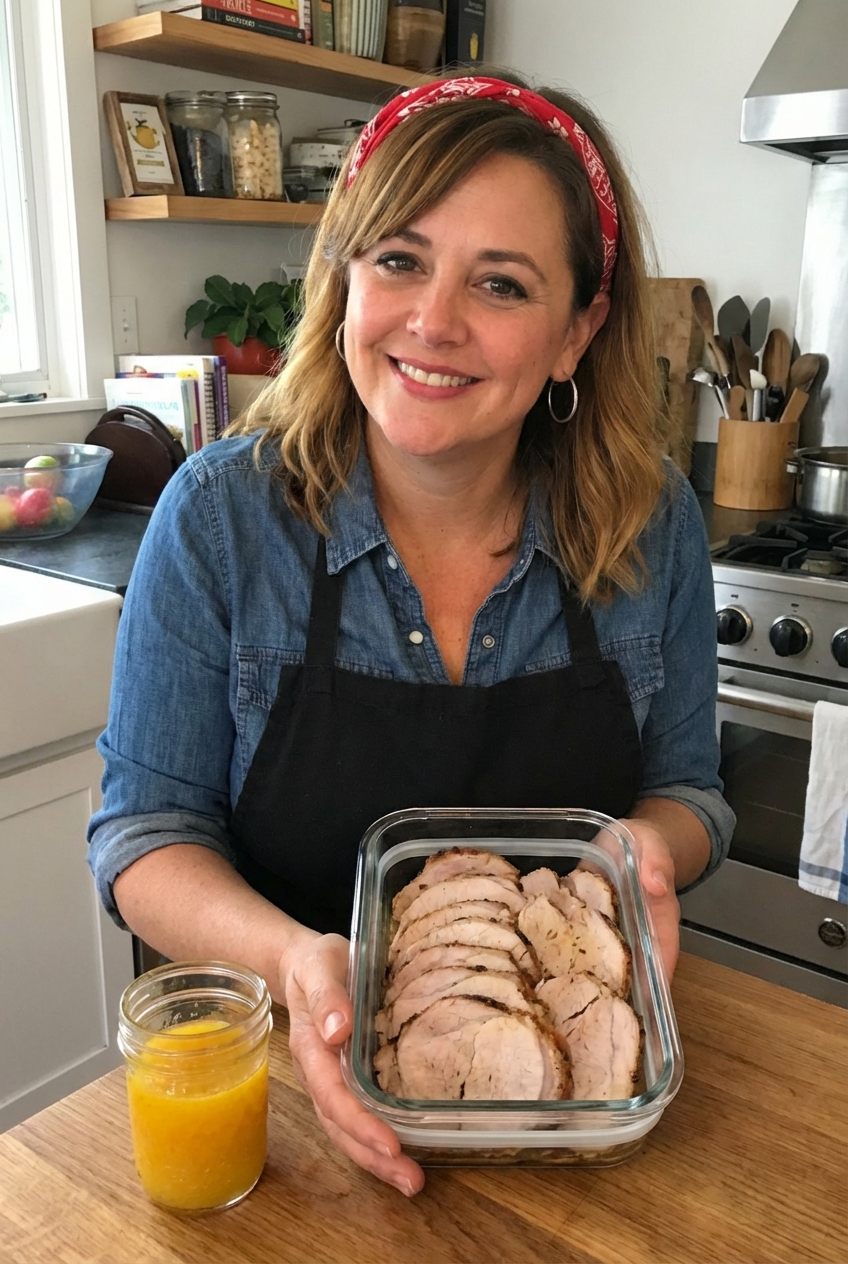 Leftover sliced pork in a glass container with citrus sauce on the side, ready for meal prep