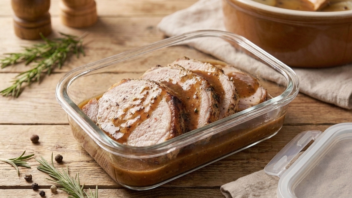 Leftover sliced pork loin in a glass storage container with gravy