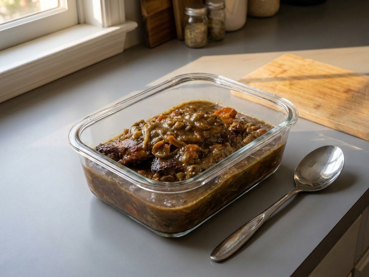 Leftover smothered turkey wings and gravy stored in a clear airtight container on a kitchen counter next to a spoon
