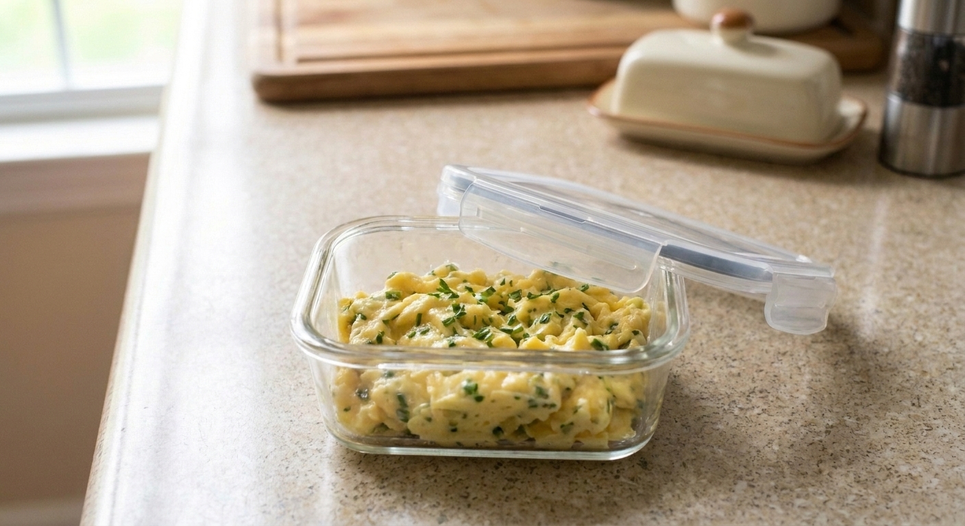 Leftover soft scrambled eggs stored in a small glass container with a lid on a kitchen counter