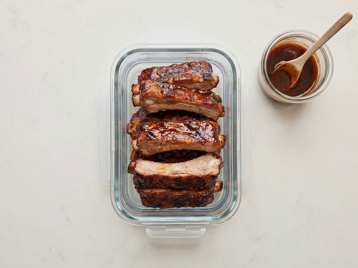 Leftover spare ribs stacked in a clear airtight container on a kitchen counter next to a small jar of extra glaze