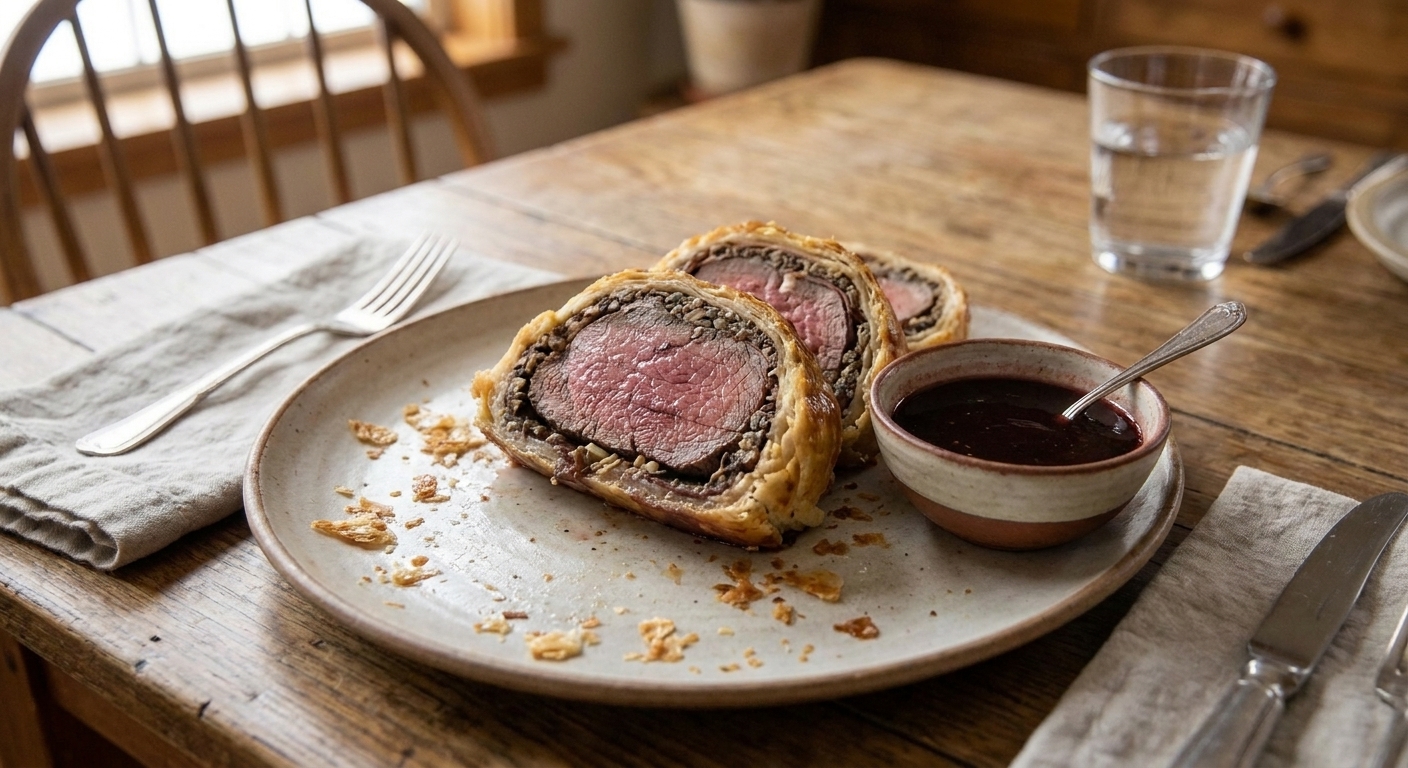 Leftover steak Wellington slices on a plate with flaky pastry crumbs and a small bowl of sauce on a dining table