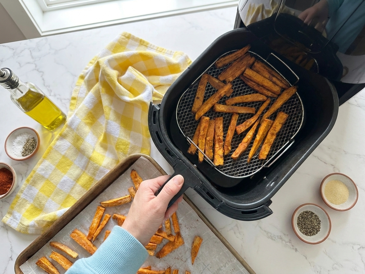 Leftover sweet potato fries being reheated in an air fryer basket with a hand pulling the basket out over a kitchen counter