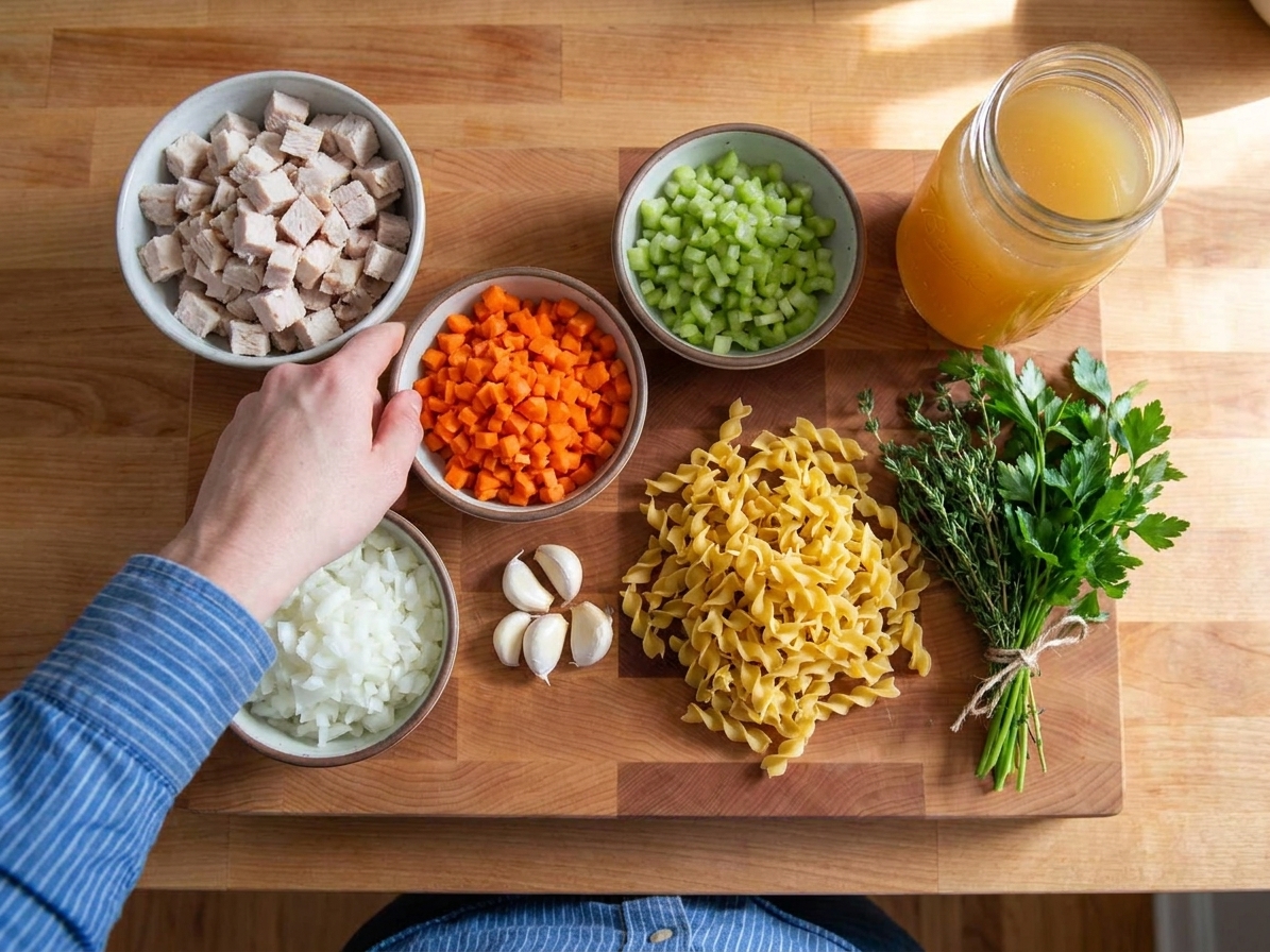 Leftover turkey, carrots, celery, onion, garlic, egg noodles, herbs, and broth arranged on a clean kitchen counter