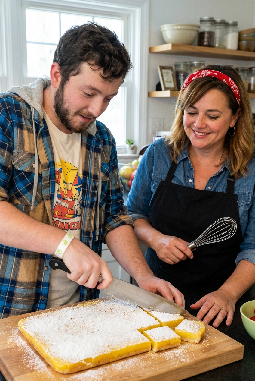 Lemon bars being sliced on a cutting board with a large knife, showing clean squares and powdered sugar on top