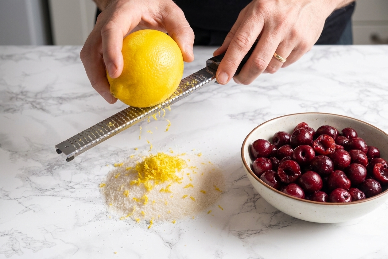 Lemon being zested next to a bowl of pitted cherries and a small pile of sugar on a clean kitchen counter