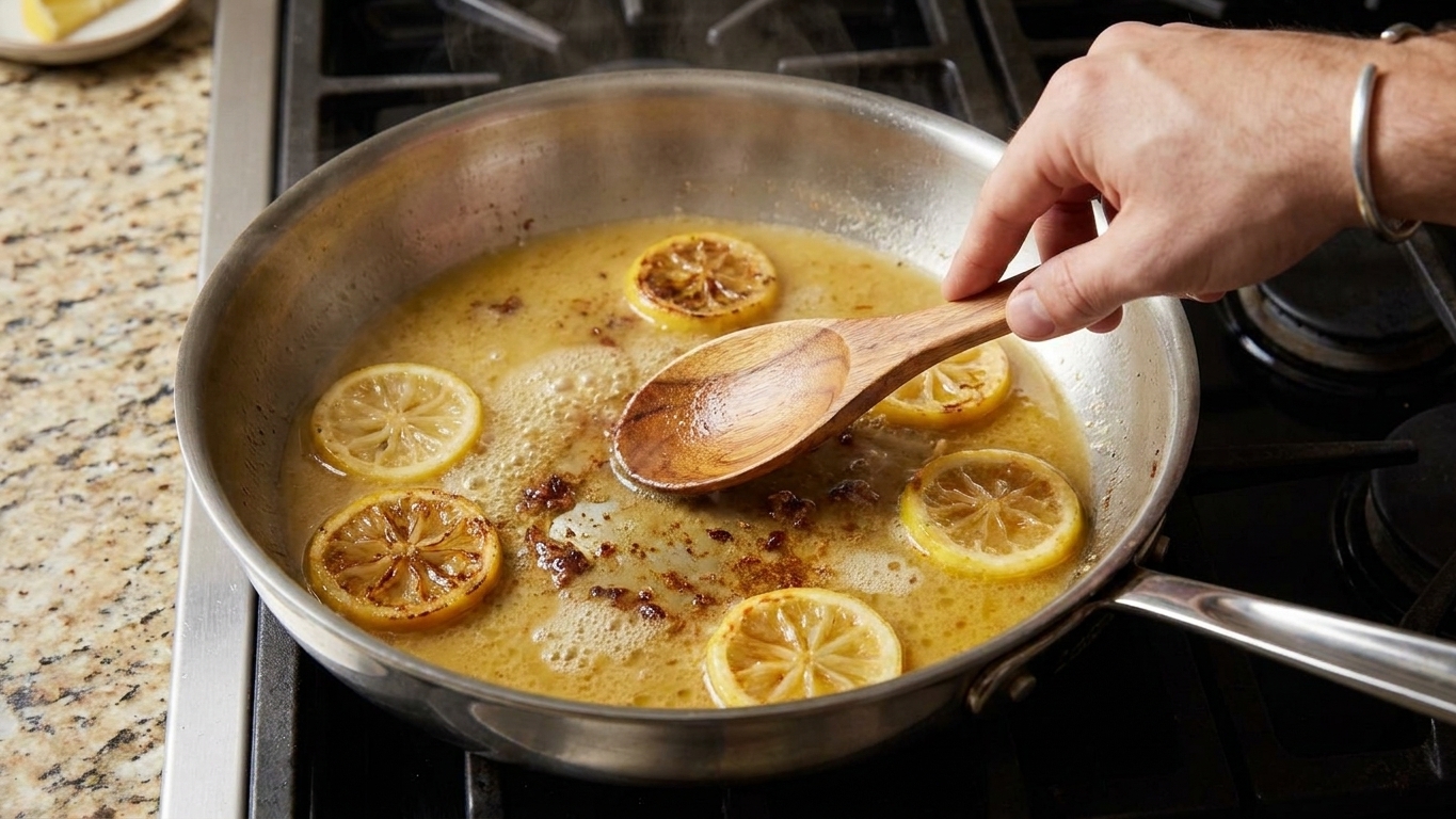 Lemon butter sauce gently simmering in a stainless steel skillet with visible lemon slices and browned bits from the pan