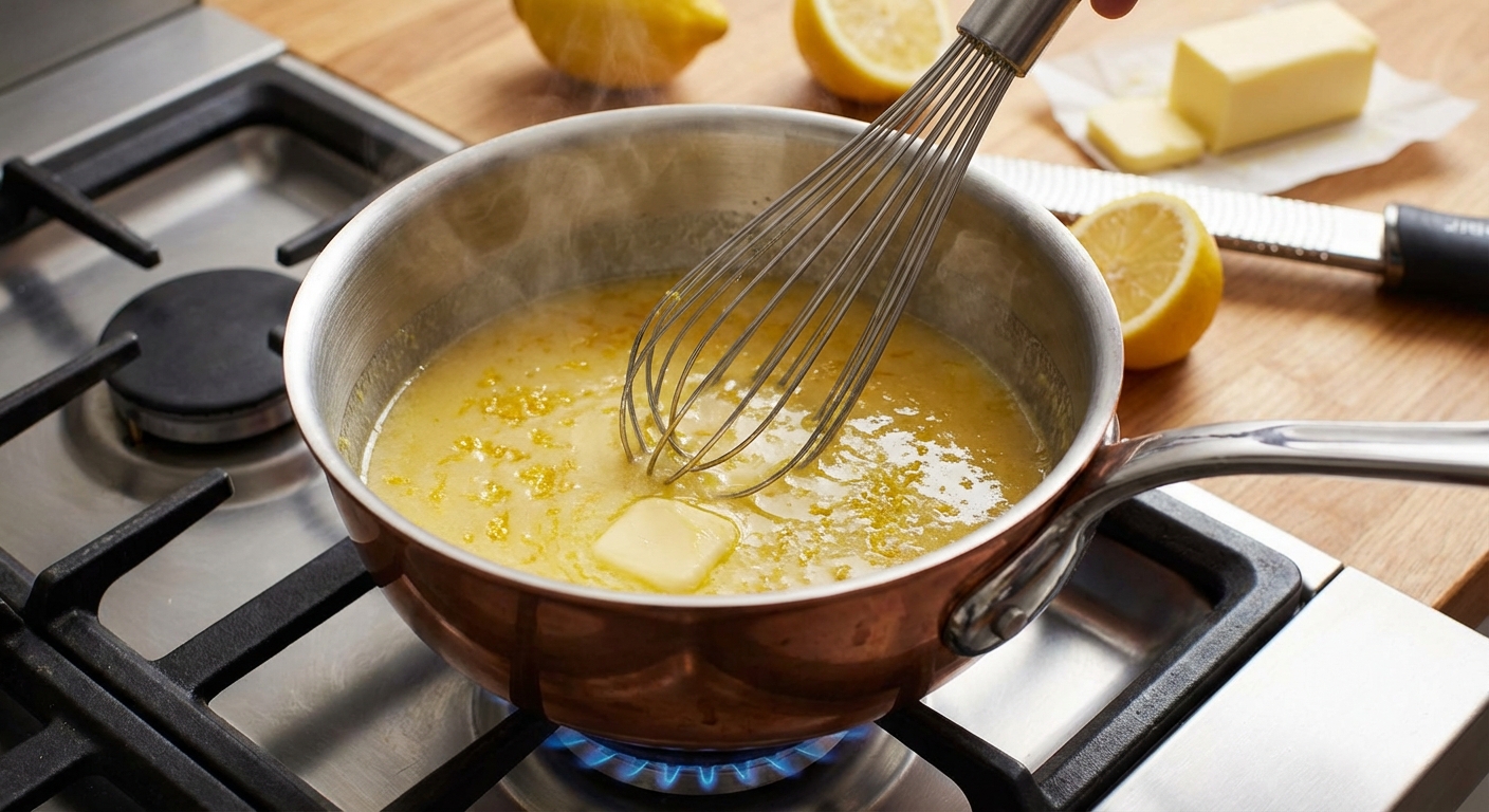 Lemon butter sauce whisked in a small saucepan with lemon zest