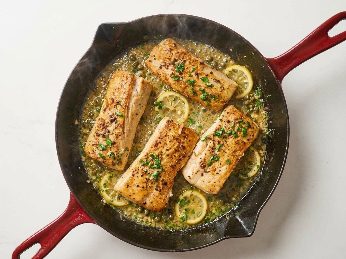 Lemon caper butter sauce bubbling gently in a skillet with minced garlic, capers, and chopped parsley