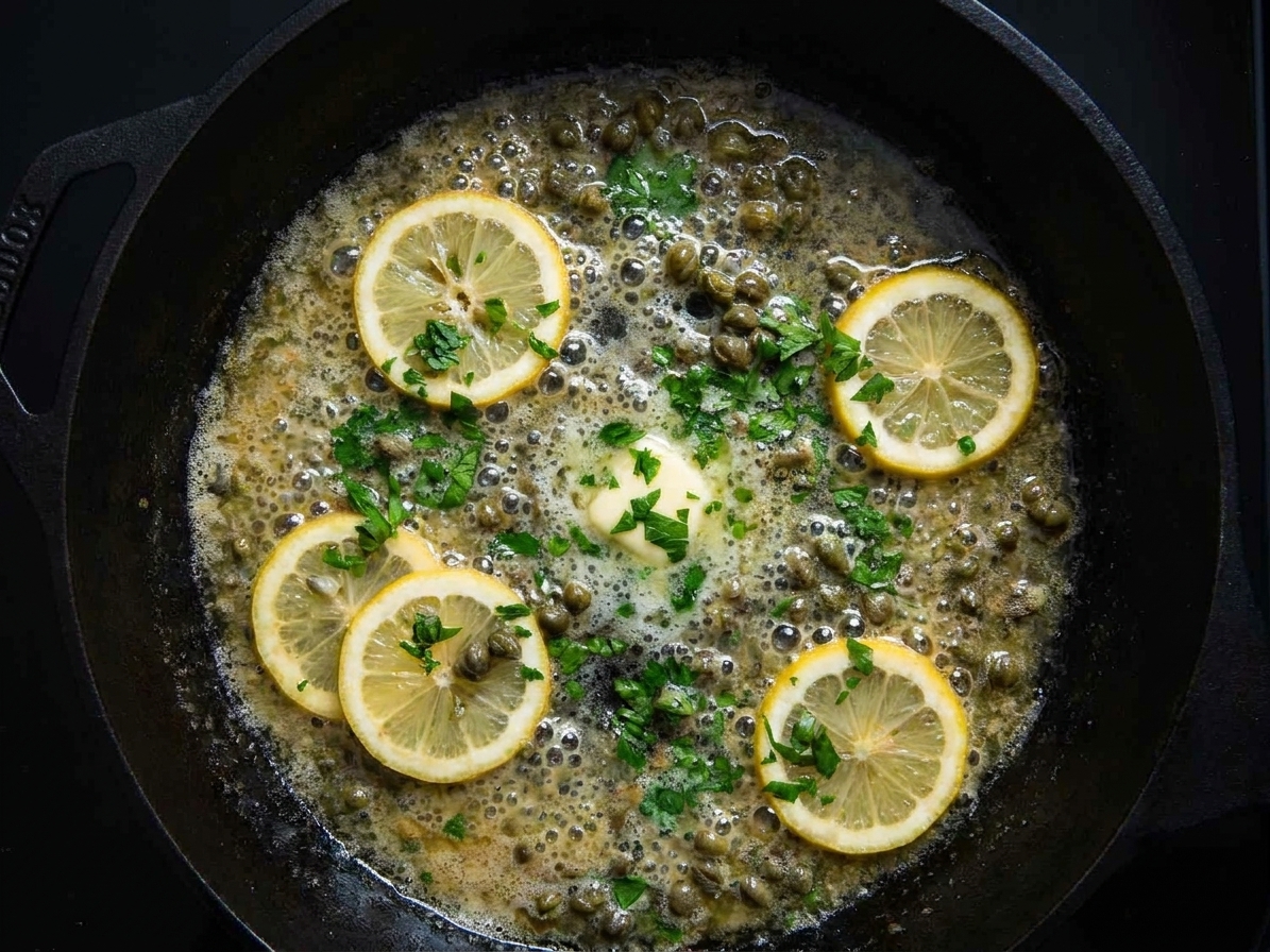Lemon-caper butter sauce simmering in a skillet as it reduces to a glossy finish