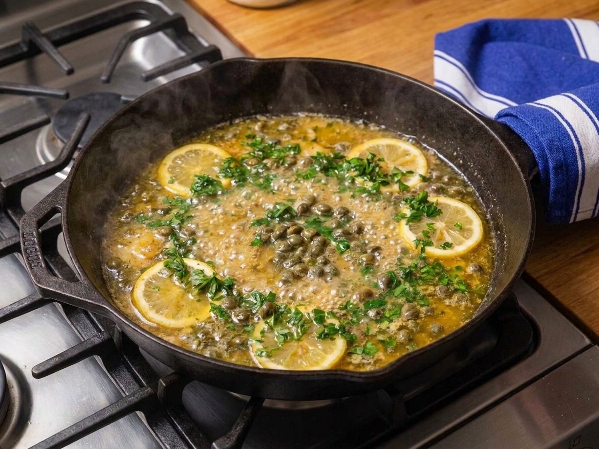 Lemon-caper pan sauce simmering in a skillet with visible capers and fresh parsley